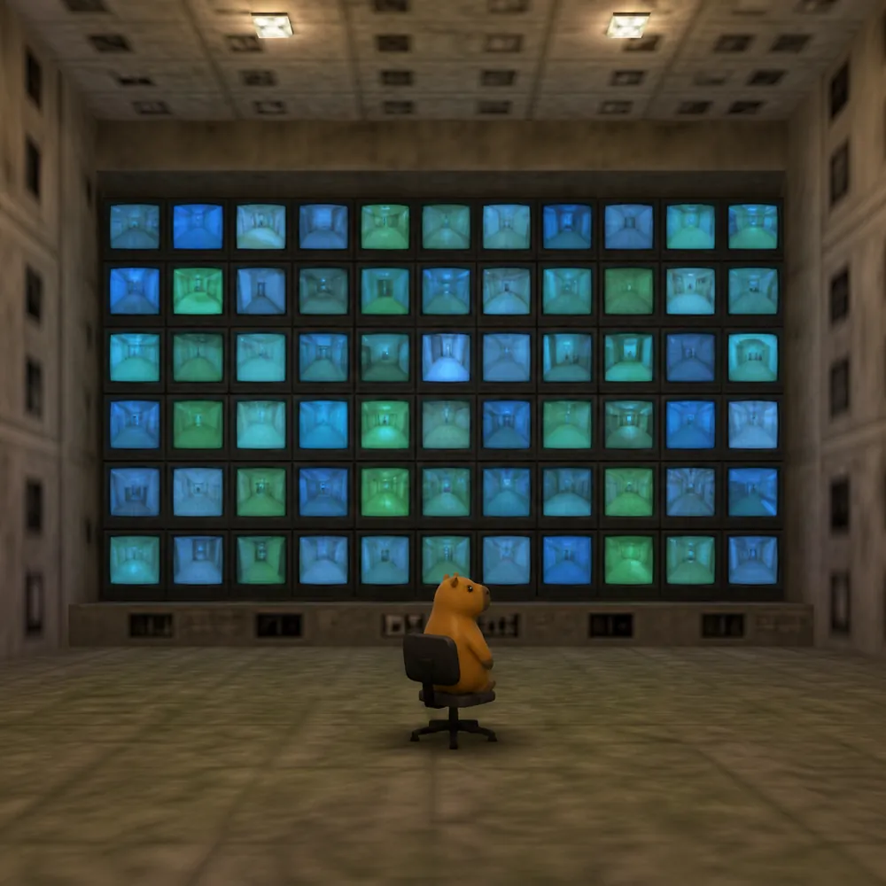 Kapy watching a wall of security monitors
