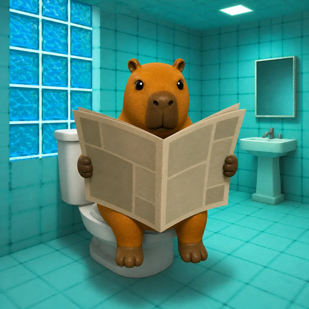 Kapy reading a newspaper on the toilet